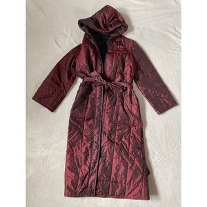 Metallic maroon puffy hooded trench coat